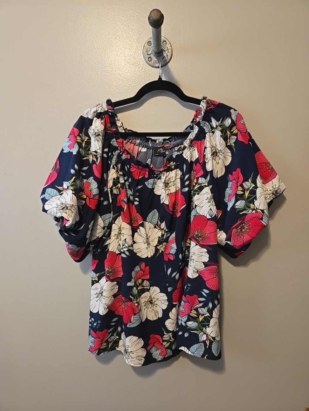 Milk & Honey Floral Blouse Top Shirt Women's 2x Navy Pink Off The Shoulder Puff